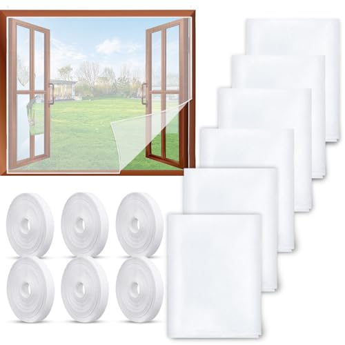 6 Stück Moskitonetze für Fenster, 130 * 150cm Fliegengitter Fenster, Insektenschutz Fenstergaze, Fliegen Netz mit 6 Rollen Selbstklebeband, Fliegengitter Mesh Zuschneidbar für Fenster(Weiß-6) von WAYBWZDQ