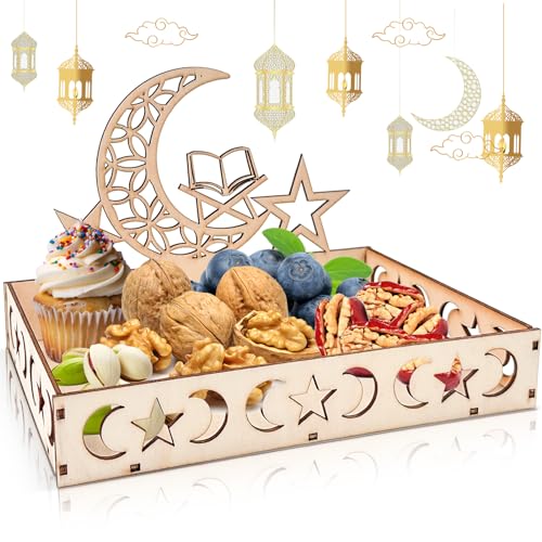 Ramadan Holz Teller, Eid Mubarak Teller Holz Tablett, Mond-Stern-Form-Tablett, Eid Mubarak Tischdeko Teller, Ramadan Tischdekoration, für Süßigkeiten Kuchen Kekse (A) von WAYBWZDQ