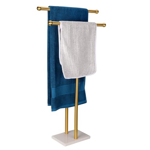 WAYDELI Stehender Handtuchhalter, Doppel-T-Form, hoher Badetuch-Lakenhalter mit Marmor-Design Basis für Badezimmer, 2-stöckiger Handtuchhalter, Ständer aus Edelstahl (gebürstetes Gold) von WAYDELI