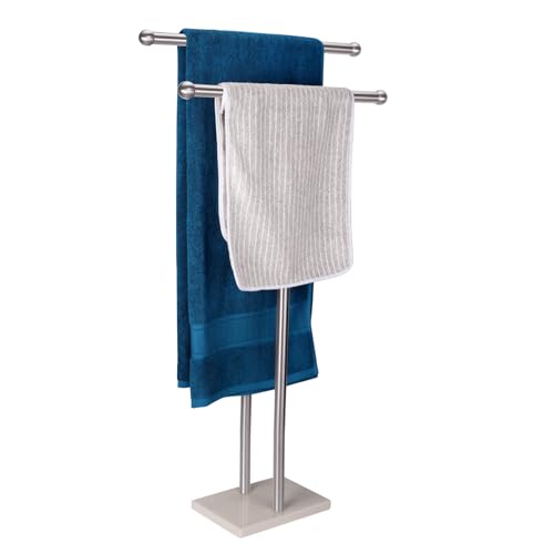 WAYDELI Stehender Handtuchhalter, Doppel-T-Form, hoher Badetuch-Lakenhalter mit Marmor-Design Basis für Badezimmer, 2-stöckiger Handtuchhalter, Ständer aus Edelstahl (gebürstetes Nickel) von WAYDELI