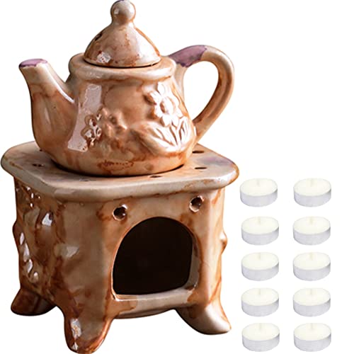 WAYUTO Keramik-Duftlampe für ätherische Öle, Diffusor mit 10 Kerzen, Teekanne, Teelichthalter, Aromatherapie, Ölwärmer, Wachsschmelzbrenner für Valentinstag, Schlafzimmer, Balkon, Yoga, Meditation, von WAYUTO