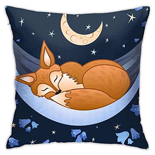 Dekorativer Kissenbezug mit Fuchs-Motiv, Fuchs schläft auf Hängematte unter dem Mond im Kosmos-Stern, Glockenblumen, dekorativer Überwurf-Kissenbezug, 45,7 x 45,7 cm von WAZHIJIA