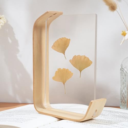 WAZUBC Holz Herbarium Pflanzrahmen Doppelseitiges Acryl Herbarium Präsentationsrahmen Desktop Tisch Wanddekoration für Gepresste Blumen, Getrocknete Blätter (18 x 13 cm, Holzfarbe) von WAZUBC