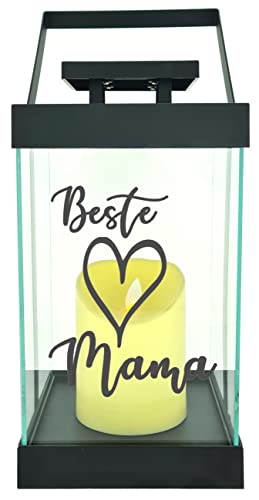 Edle Glas-Laterne mit LED-Kerze, Beste Mama Herz, Timer, 35cm hoch mit Bügel, 24,5x13x13cm, Batterie LED-Licht LED-Laterne LED-Lampe mit Text Spruch von WB wohn trends