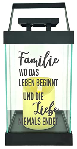 Edle Glas-Laterne mit LED-Kerze, Familie wo das Leben beginnt - Liebe niemals endet, Timer, 35cm hoch mit Bügel, 24,5x13x13cm, Batterie LED-Licht LED-Laterne LED-Lampe mit Text Spruch von WB wohn trends