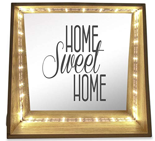 WB wohn trends Deko-Leuchte LED-Spiegel aus Holz mit Motiv, Home Sweet Home, 24x23x8cm, Deko-Spiegel Licht LED-Lampe mit Text Spruch von WB wohn trends
