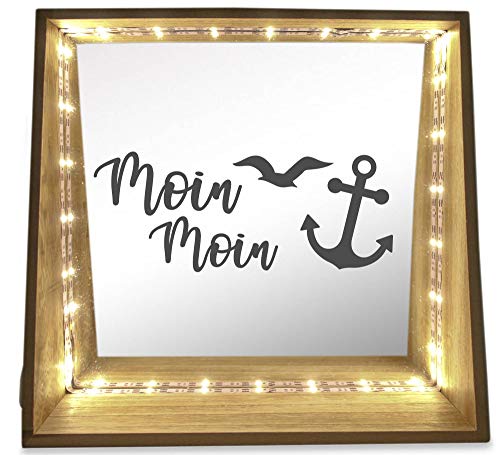 WB wohn trends Deko-Leuchte LED-Spiegel aus Holz mit Motiv, Moin Moin Anker Nordsee, 24x23x8cm, Deko-Spiegel Licht LED-Lampe mit Text Spruch von WB wohn trends