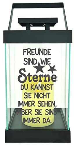 Edle Glas-Laterne mit LED-Kerze, Freunde sind wie Sterne, Timer, 35cm hoch mit Bügel, 24,5x13x13cm, Batterie LED-Licht LED-Laterne LED-Lampe mit Text Spruch von WB wohn trends