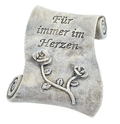 WB wohn trends Grab-Schmuck Schriftrolle Rose, Für Immer im Herzen, 11x9x2,5cm grau Kunst-Stein Trauer-Deko Gedenk-Stein von WB wohn trends