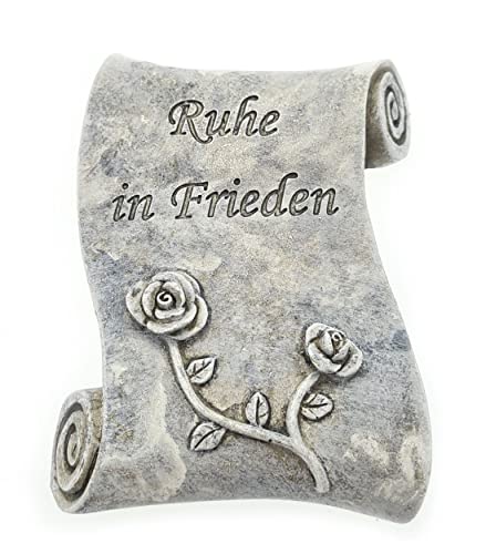 WB wohn trends Grab-Schmuck Schriftrolle Rose, Ruhe in Frieden, 11x9x2,5cm grau Kunst-Stein Trauer-Deko Gedenk-Stein von WB wohn trends