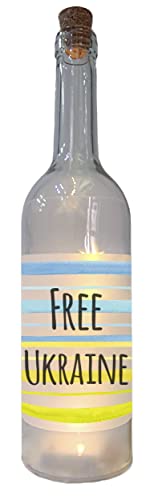 WB wohn trends LED-Flasche mit Banderole, Free Ukraine blau gelb Fahne 29cm Flaschen-Licht Glitzer-Flasche Leuchtflasche Lampe mit Text Spruch Frieden Stop War von WB wohn trends