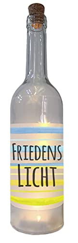 WB wohn trends LED-Flasche mit Banderole, Friedens-Licht, Ukraine blau gelb Fahne 29cm Flaschen-Licht Glitzer-Flasche Leuchtflasche Lampe mit Text Spruch Frieden Stop War von WB wohn trends