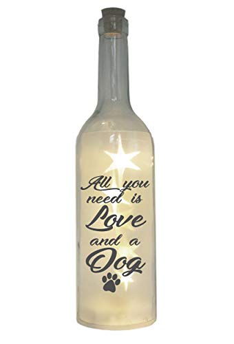 WB wohn trends LED-Flasche mit Motiv, All You Need is Love and a Dog, grau, 29cm, Hund Flaschen-Licht Glitzer-Flasche Leuchtflasche Lampe mit Text Spruch von WB wohn trends