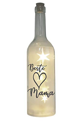 WB wohn trends LED-Flasche mit Motiv, Beste Mama Herz, grau, 29cm, Flaschen-Licht Glitzer-Flasche Leuchtflasche Lampe mit Text Spruch von WB wohn trends