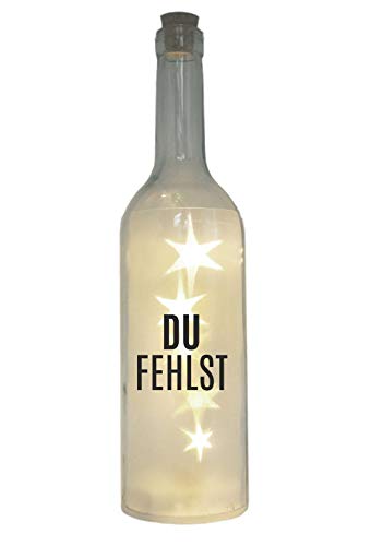 WB wohn trends LED-Flasche mit Motiv, Du fehlst, grau, 29cm, Flaschen-Licht Glitzer-Flasche Leuchtflasche Lampe mit Text Spruch Trauer-Licht von WB wohn trends