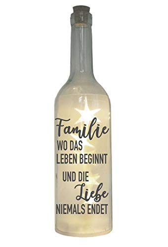 WB wohn trends LED-Flasche mit Motiv, Familie wo das Leben beginnt - Liebe Niemals endet, grau, 29cm, Flaschen-Licht Glitzer-Flasche Leuchtflasche Lampe mit Text Spruch von WB wohn trends