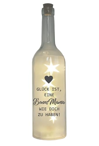 WB wohn trends LED-Flasche mit Motiv, Glück ist eine Bonus-Mama wie Dich zu haben, grau, 29cm, Flaschen-Licht Glitzer-Flasche Leuchtflasche Lampe mit Text Spruch von WB wohn trends