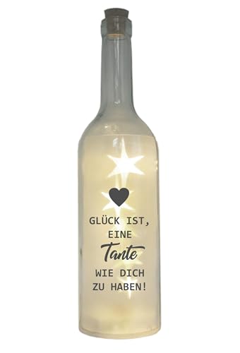 WB wohn trends LED-Flasche mit Motiv, Glück ist eine Tante wie Dich zu haben, Grau, 29cm, Leuchtflasche Lampe mit Text Spruch von WB wohn trends