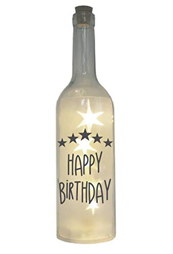 WB wohn trends LED-Flasche mit Motiv, Happy Birthday Sterne, grau, 29cm, Flaschen-Licht Glitzer-Flasche Leuchtflasche Lampe mit Text Spruch von WB wohn trends