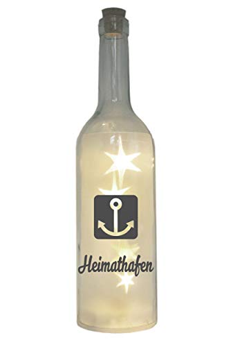 WB wohn trends LED-Flasche mit Motiv, Heimathafen Anker, grau, 29cm, Flaschen-Licht Glitzer-Flasche Leuchtflasche Lampe mit Text Spruch von WB wohn trends