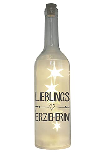 WB wohn trends LED-Flasche mit Motiv, Lieblings-Erzieherin, grau, 29cm, Flaschen-Licht Glitzer-Flasche Leuchtflasche Lampe mit Text Spruch von WB wohn trends