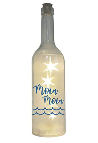 WB wohn trends LED-Flasche mit Motiv, Moin Moin Welle, blau, 29cm, Flaschen-Licht Glitzer-Flasche Leuchtflasche Lampe mit Text Spruch Nordsee Ostsee Meer maritim von WB wohn trends