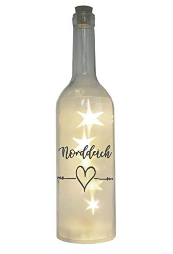 WB wohn trends LED-Flasche mit Motiv, Norddeich Herz, grau, 29cm, Flaschen-Licht Glitzer-Flasche Leuchtflasche Lampe mit Text Spruch Stadt maritim von WB wohn trends