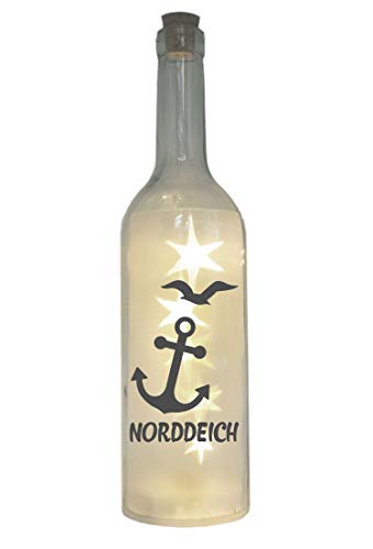 WB wohn trends LED-Flasche mit Motiv, Norddeich mit Anker Möwe, grau, 29cm, Leuchtflasche mit Text Spruch von WB wohn trends