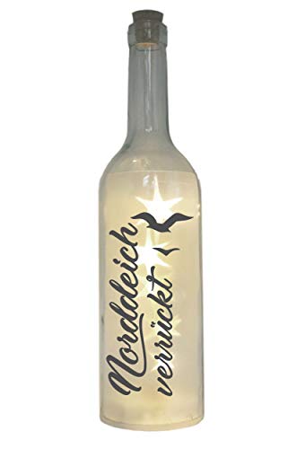 WB wohn trends LED-Flasche mit Motiv, Norddeich verrückt mit Möwen, Grau, 29cm, Leuchtflasche Lampe mit Text Spruch, Deko-Artikel oder Geschenk, Indoor von WB wohn trends