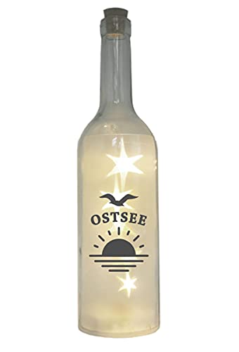 WB wohn trends LED-Flasche mit Motiv, Ostsee Sonne Möwe, grau, 29cm, Flaschen-Licht Glitzer-Flasche Leuchtflasche Lampe mit Text Spruch maritim von WB wohn trends