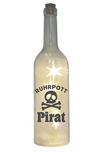 WB wohn trends LED-Flasche mit Motiv, Ruhrpott Pirat, grau, 29cm, Flaschen-Licht Glitzer-Flasche Leuchtflasche Lampe mit Text Spruch Ruhrgebiet von WB wohn trends