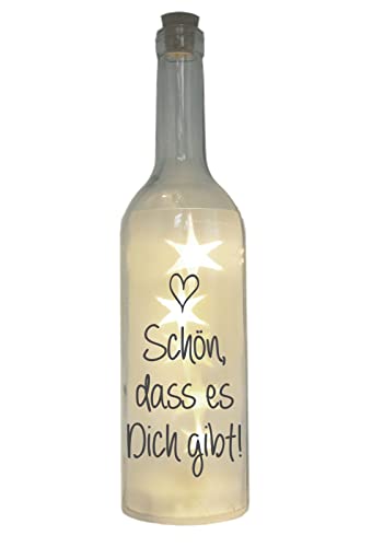 WB wohn trends LED-Flasche mit Motiv, Schön DASS es Dich gibt, grau, 29cm, Flaschen-Licht Glitzer-Flasche Leuchtflasche Lampe mit Text Spruch von WB wohn trends