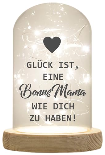 WB wohn trends LED-Glaskuppel, Glück ist eine Bonus-Mama wie Dich zu haben, 16,5x11cm, Glasglocke mit LED-Licht und Holz-Fuß LED-Laterne LED-Lampe mit Text Spruch von WB wohn trends