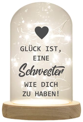 WB wohn trends LED-Glaskuppel, Glück ist eine Schwester wie Dich zu haben, 16,5x11cm, Glasglocke mit LED-Licht und Holz-Fuß LED-Laterne LED-Lampe mit Text Spruch von WB wohn trends