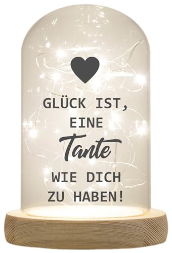 WB wohn trends LED-Glaskuppel, Glück ist eine Tante wie Dich zu haben, 16,5x11cm, Glasglocke mit LED-Licht und Holz-Fuß LED-Laterne LED-Lampe mit Text Spruch von WB wohn trends