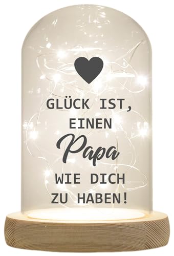 WB wohn trends LED-Glaskuppel, Glück ist einen Papa wie Dich zu haben, 16,5x11cm, Glasglocke mit LED-Licht und Holz-Fuß LED-Laterne LED-Lampe mit Text Spruch von WB wohn trends