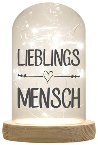 WB wohn trends LED-Glaskuppel, Lieblings-Mensch, 16,5x11cm, Glasglocke mit LED-Licht und Holz-Fuß LED-Laterne LED-Lampe mit Text Spruch von WB wohn trends