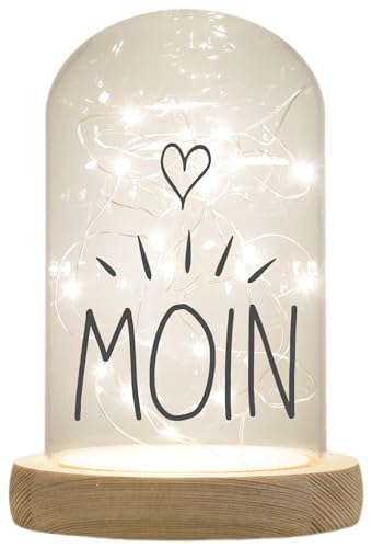 WB wohn trends LED-Glaskuppel, Moin Herz, 16,5x11cm, Glasglocke mit LED-Licht und Holz-Fuß LED-Laterne LED-Lampe mit Text Spruch von WB wohn trends