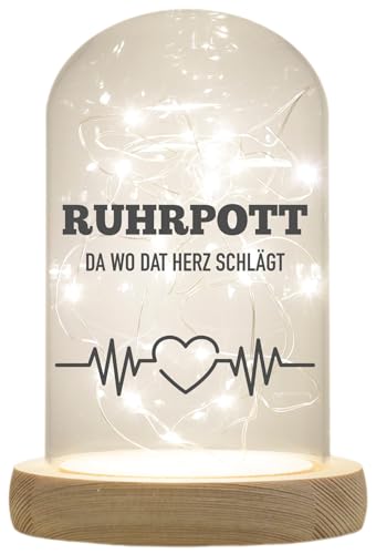 WB wohn trends LED-Glaskuppel, Ruhrpott da wo dat Herz schlägt, 16,5x11cm, Glasglocke mit LED-Licht und Holz-Fuß LED-Laterne LED-Lampe mit Text Spruch von WB wohn trends