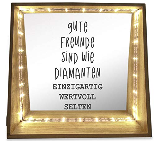 WB wohn trends Deko-Leuchte LED-Spiegel aus Holz mit Motiv, Gute Freunde sind wie Diamanten, 24x23x8cm, Deko-Spiegel Licht LED-Lampe mit Text Spruch von WB wohn trends