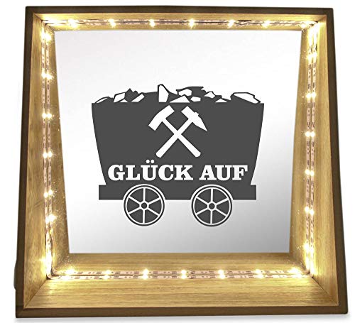 WB wohn trends Deko-Leuchte LED-Spiegel aus Holz mit Motiv, Lore Glück auf Ruhrpott Ruhrgebiet, 24x23x8cm, Deko-Spiegel Licht LED-Lampe mit Text Spruch von WB wohn trends