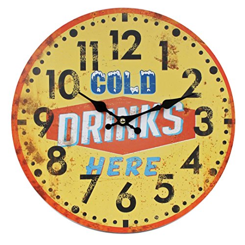 WB wohn trends Wanduhr aus Holz ~ Cold Drinks HERE ~ gelb rot / 29cm ~ Vintage Shabby Uhr von WB wohn trends