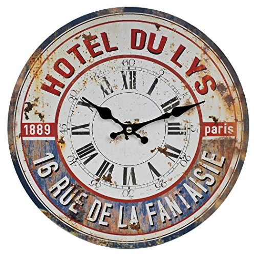 WB wohn trends Wanduhr aus Holz ~ Hotel DU LYS Paris 1889 ~ rot blau / 29cm ~ Vintage Shabby Uhr von WB wohn trends