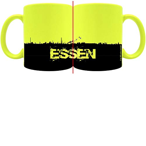 WB wohn trends knallige Tasse mit rundum Motiv: Essen Skyline ~ Farbe: neon-gelb ~ Kaffee-Becher mit Motiv von WB wohn trends