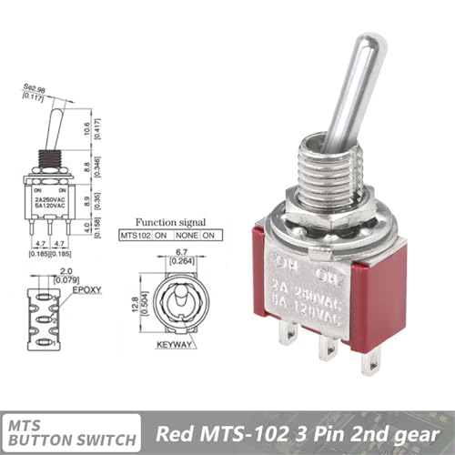 Kippschalter SPDT DPDT Wippschalter MTS 5A 6A 125V Selbstrückstellender Schalter 3A 250 AC 3 6PIN Startschalter 1St(Red MTS-102,5PCS) von WBCDXCBB