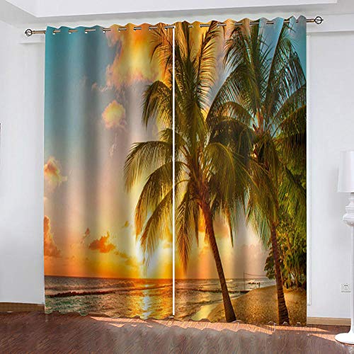 WBDJTX Gardinen Wohnzimmer Vorhang Blickdicht 3D Sonnenuntergang Meerblick Auf Den Strand Muster Verdunkelungsvorhang 200X160 cm Ösenvorhang 2Er Set Thermogardine Für Schlafzimmer Kinderzimmer Vorh von WBDJTX