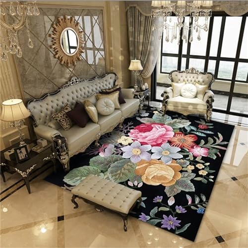 WBDYMX 200X300Cm Teppich Industrial Carpet Bedroom Pflegeleichtes Blumenmuster, Geeignet Für Kurzflor-Teppich Für Erwachsene, Schlafzimmer, Nachttisch, Wohnzimmer Schwarz von WBDYMX