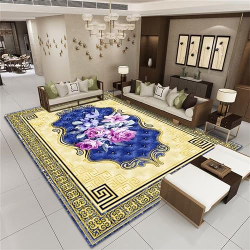 WBDYMX 80X160Cm Schlafzimmer Teppiche Teppich Bürostuhl Geeignet Gelber Kurzhaar-Wohnzimmerteppich, Retro-Blumenmuster, Rutschfester Schlafzimmerteppich Blau von WBDYMX