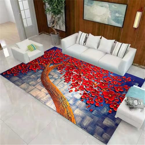 WBDYMX Couch Wohnzimmer Teppich Langer Flur 140x200CM Rugs for Bedroom blau Roter 3D-Blumenteppich Jungen Jugendzimmer deko von WBDYMX