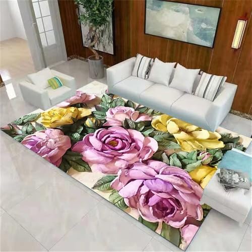 WBDYMX Dekoration Schlafzimmer Teppich Junge 80x150CM Auslegware Grün Gelb lila 3D-Blumenteppich bodenmatte von WBDYMX